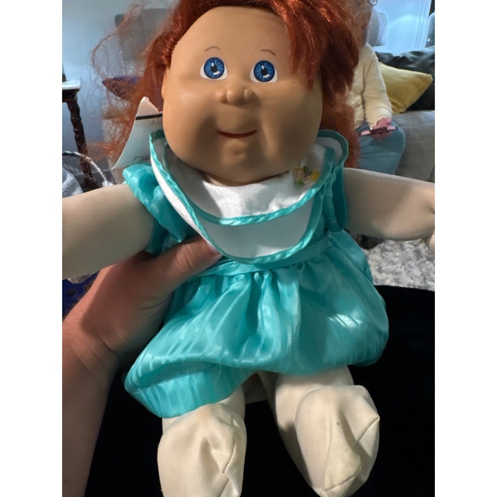 Vintage 1987 Cabbage Patch Kids Doll Red Hair Blue Eyes Teal Dress Coleco
